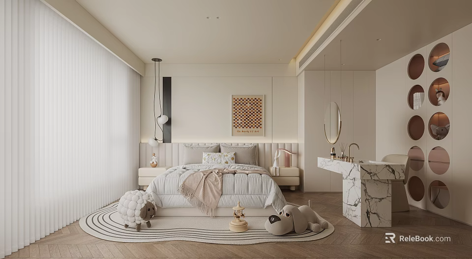 Cozy Modern Bedroom Interior With Soft Bedding Geometric Wall Art Marble Vanity And Plush Toys 3d model 