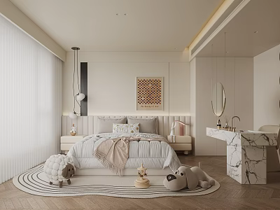 Cozy Modern Bedroom Interior With Soft Bedding Geometric Wall Art Marble Vanity And Plush Toys 3d model