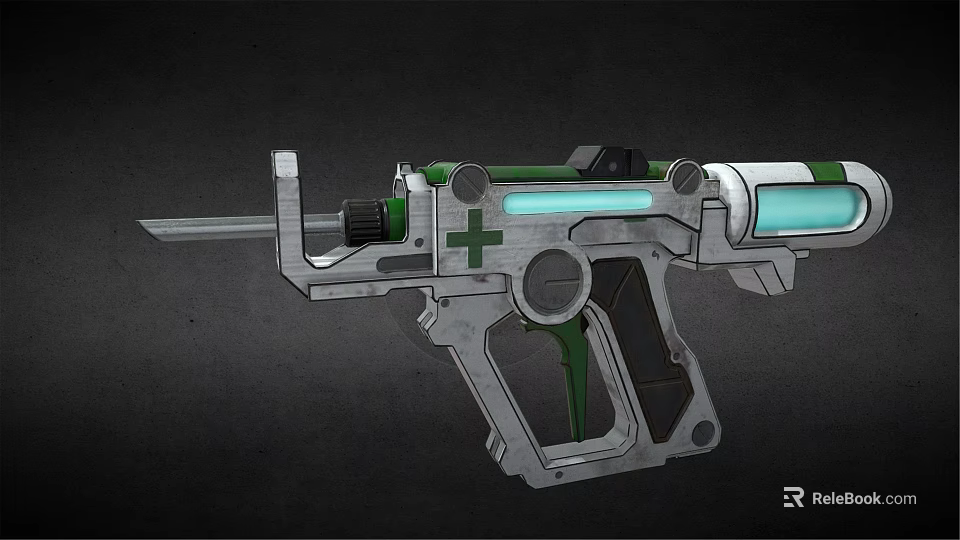 Futuristic Sci Fi Gun With Green Silver Mechanical Design Blue Glowing Elements And Cross Symbol 3d model 