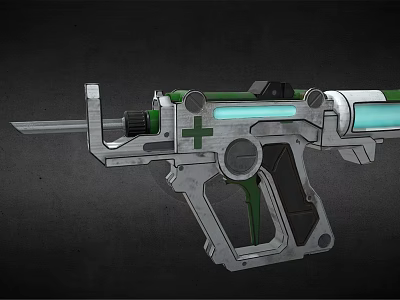 Futuristic Sci Fi Gun With Green Silver Mechanical Design Blue Glowing Elements And Cross Symbol 3d model
