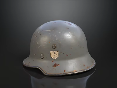 Vintage Gray Steel Helmet With Worn Surface Rust Scratches And Badge 3d model