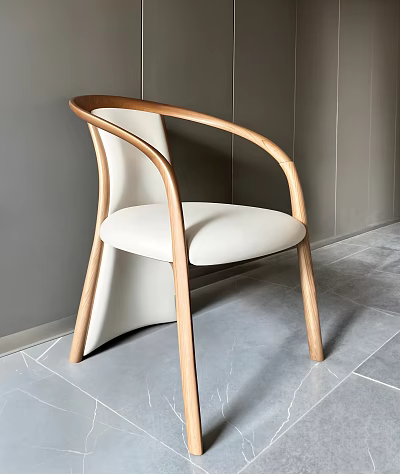 Modern Wooden Dining Chair With Curved Armrests And White Upholstered Seat 3d model
