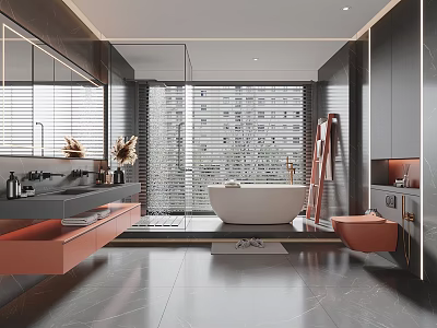 Modern Bathroom Interior Design With Freestanding Bathtub Double Vanity Gray Flooring And Large Mirror 3d model