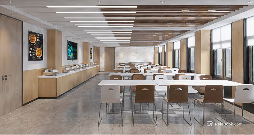 Modern Cafeteria Interior With Long Tables Chairs Buffet Counter And Wooden Ceiling 3d model 
