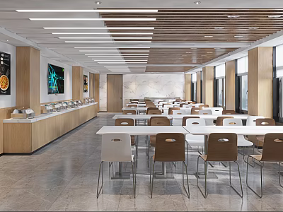 Modern Cafeteria Interior With Long Tables Chairs Buffet Counter And Wooden Ceiling 3d model