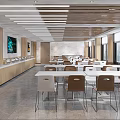Modern Cafeteria Interior With Long Tables Chairs Buffet Counter And Wooden Ceiling