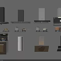 Various Designed Kitchen Range Hoods And Cookware Pots Displayed In Modern Setting