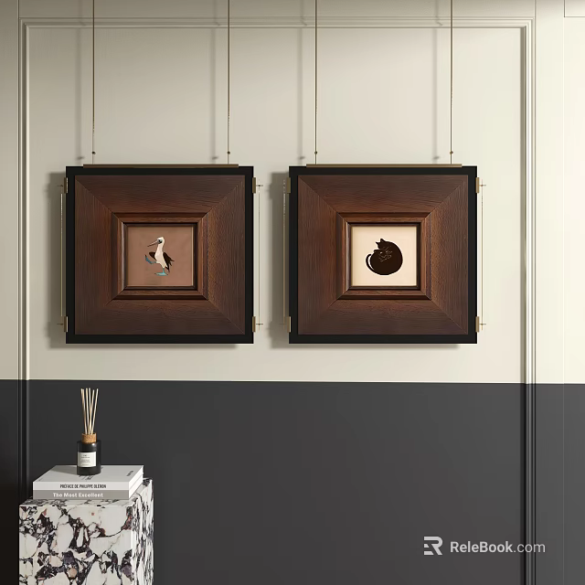 Abstract Paintings in Brown Frames Hanging on Light and Dark Split Wall with Decorative Items 3d model