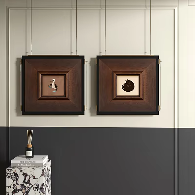 Abstract Paintings in Brown Frames Hanging on Light and Dark Split Wall with Decorative Items 3d model