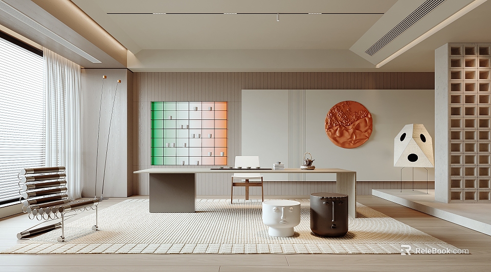 Modern Tea Room Interior Featuring Wooden Tea Table And Serene Decorative Elements 3d model 