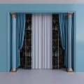Elegant Blue Frame Curtains Featuring Blue Drapes White Sheer And Golden Decorated Pillars