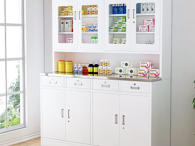 White Storage Cabinet With Glass Doors And Drawers For Organizing Home Items 3d model