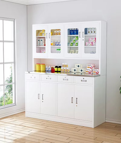 White Storage Cabinet With Glass Doors And Drawers For Organizing Home Items 3d model