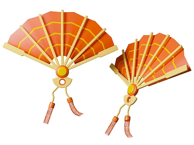 Colorful Orange And Yellow Fans With Golden Borders Circular Ornaments And Tassels 3d model