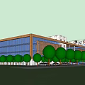 Modern Building Exterior With Blue Geometric Glass Facade Large Portraits And Green Trees