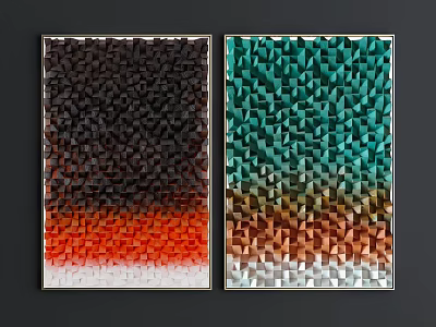 Two Framed Decorative Paintings With 3D Cube Design And Gradient Colors Black Orange Green Brown 3d model