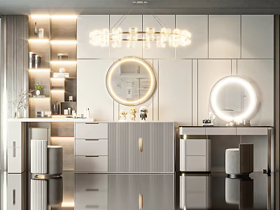 Modern Elegant Dressing Table Interior With Double Round Lighted Mirrors White Cabinets Drawers And Stool 3d model