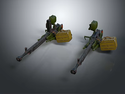 Two Military Machine Guns with Green Barrels Yellow Magazines and Mounts 3d model