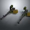 Two Military Machine Guns with Green Barrels Yellow Magazines and Mounts
