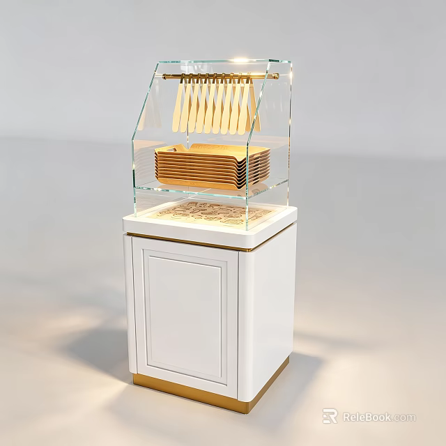 Elegant Modern White And Gold Illuminated Bakery Display Shelf With Transparent Glass Food Showcase 3d model 