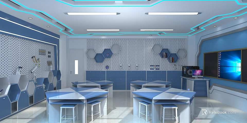School Modern Science Laboratory With Blue Cabinets Hexagonal Decor And Student Tables 3d model 