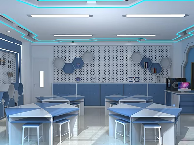 School Modern Science Laboratory With Blue Cabinets Hexagonal Decor And Student Tables 3d model