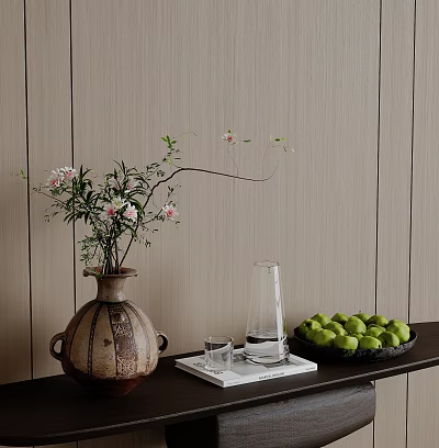 Ceramic Vase With Pink Flowers On Dark Table Glass Bottle Green Fruits And Wooden Wall 3d model