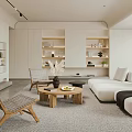 Modern Living Room Interior With White Sofa Wooden Chairs Coffee Table TV Shelves And Rug