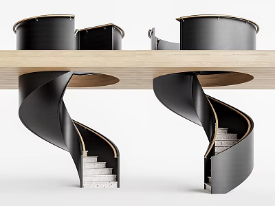 Modern Black Spiral Stairs With Wooden Upper Platform And White Steps Architectural Design 3d model
