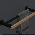 Modern Bathroom Towel Rack with Black Metal Frame and Wooden Hanging Bar Holding Grey Towel