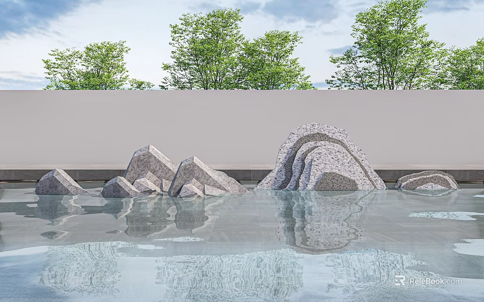 Natural Stone and Wood Water Landscape with Reflection and Green Trees Near Gray Wall 3d model 
