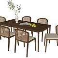 Walnut Dining Table Set with Wicker Backrest Chairs Upholstered Seats and Tabletop Decor 3d model
