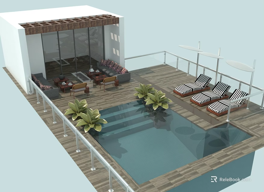 Swimming Pool Area with Wooden Deck Striped Lounge Chairs Green Plants and Shaded Seating Area 3d model 