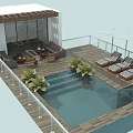 Swimming Pool Area with Wooden Deck Striped Lounge Chairs Green Plants and Shaded Seating Area