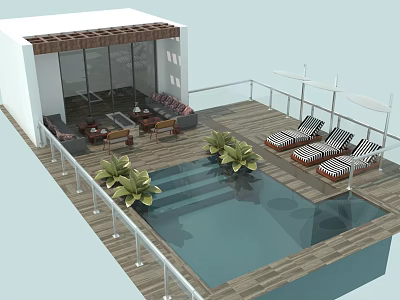 Swimming Pool Area with Wooden Deck Striped Lounge Chairs Green Plants and Shaded Seating Area 3d model