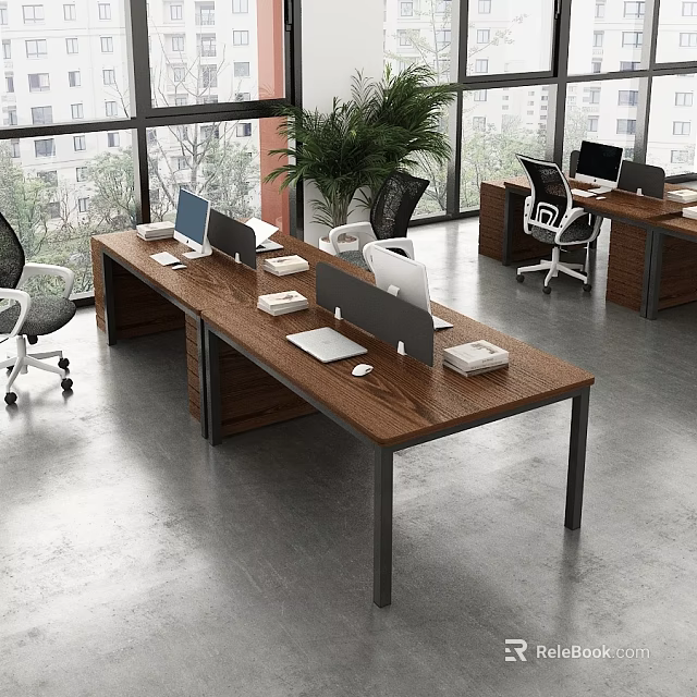 Modern Office Desk With Wooden Top Black Metal Legs Computer Monitors And Green Plants 3d model 