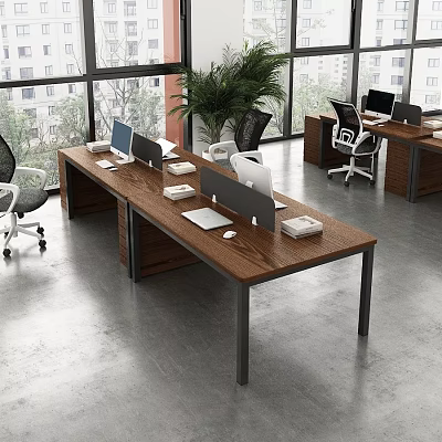 Modern Office Desk With Wooden Top Black Metal Legs Computer Monitors And Green Plants 3d model