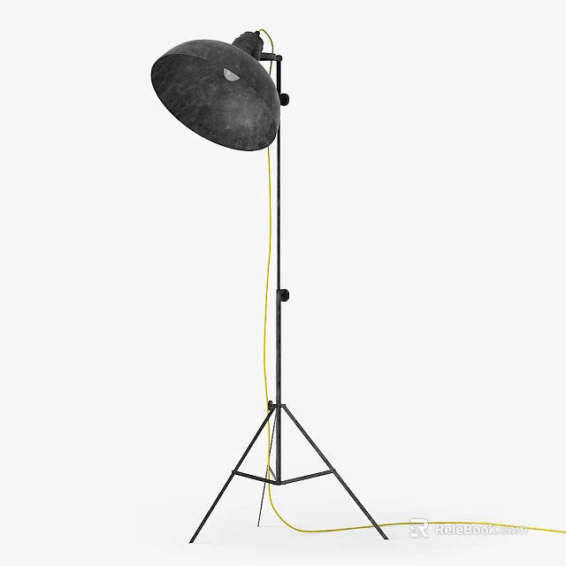 Modern Black Floor Lamp With Tripod Metal Stand And Yellow Cable 3d model 