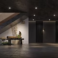 Modern Hotel Corridor With Large Sunset Mountain Painting Recessed Lighting And Plants At End