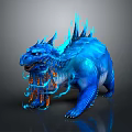 Blue Dragon Like Game and Movie Character With Spikes and Glowing Flames
