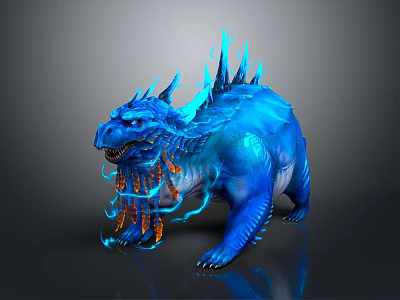 Blue Dragon Like Game and Movie Character With Spikes and Glowing Flames 3d model