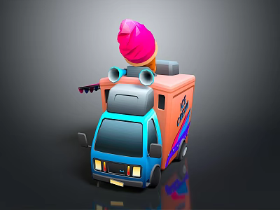 3D Model Ice Cream Truck With Blue Orange Body Horns And Pink Ice Cream Top 3d model