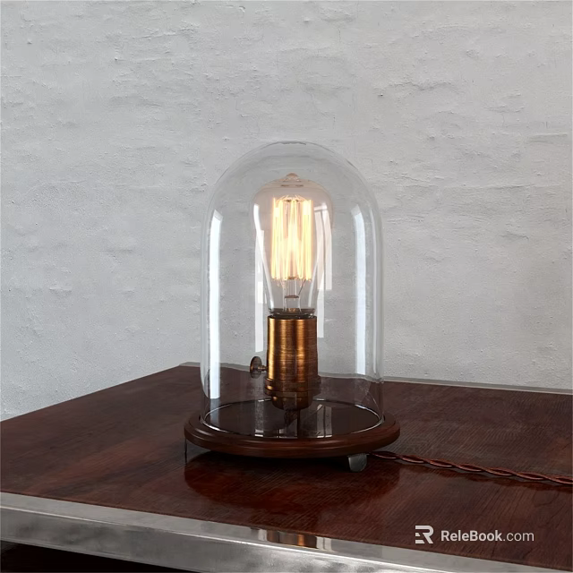 Vintage Table Lamp With Transparent Glass Dome Edison Bulb And Wooden Base 3d model 