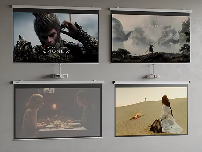 Wall Mounted Projection Screens Showing Various Movie And Scenic Visuals 3d model