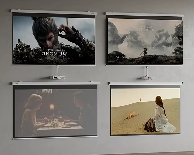 Wall Mounted Projection Screens Showing Various Movie And Scenic Visuals 3d model