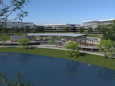 Modern Office Complex With Waterfront Green Space Outdoor Terrace And Trees 3d model