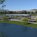 Modern Office Complex With Waterfront Green Space Outdoor Terrace And Trees 3d model