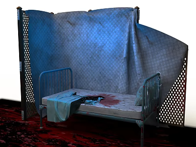 Gloomy Room Interior With Metal Bed Frame Blood Stains Blue Cloth And Blue Curtain Background 3d model