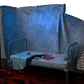 Gloomy Room Interior With Metal Bed Frame Blood Stains Blue Cloth And Blue Curtain Background