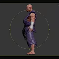 Muscular Bald Male Character in Purple Robe with Bandaged Wrists and Dark Belt Standing Barefoot